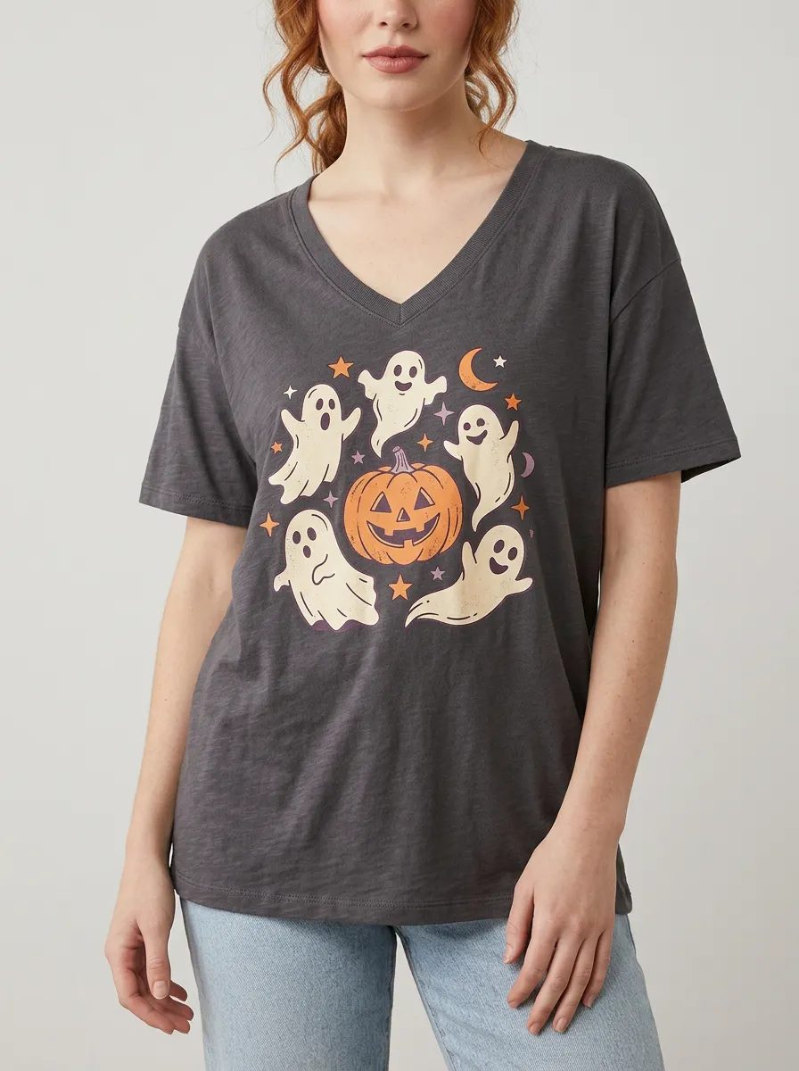 Women's Halloween Ghost Pumpkin Stars Printed V-neck T-shirt