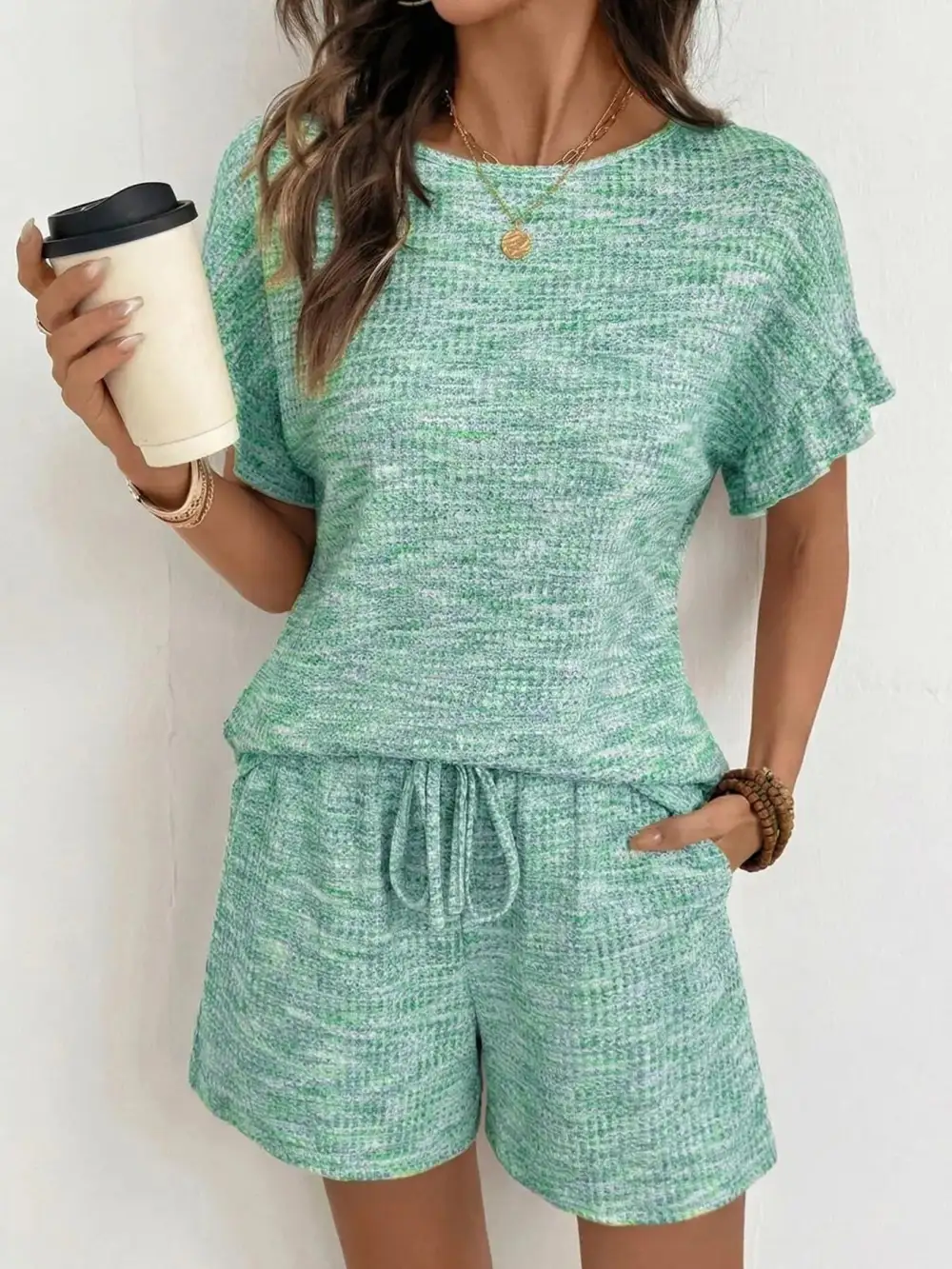 Ruffle Sleeve Textured Top Shorts Set