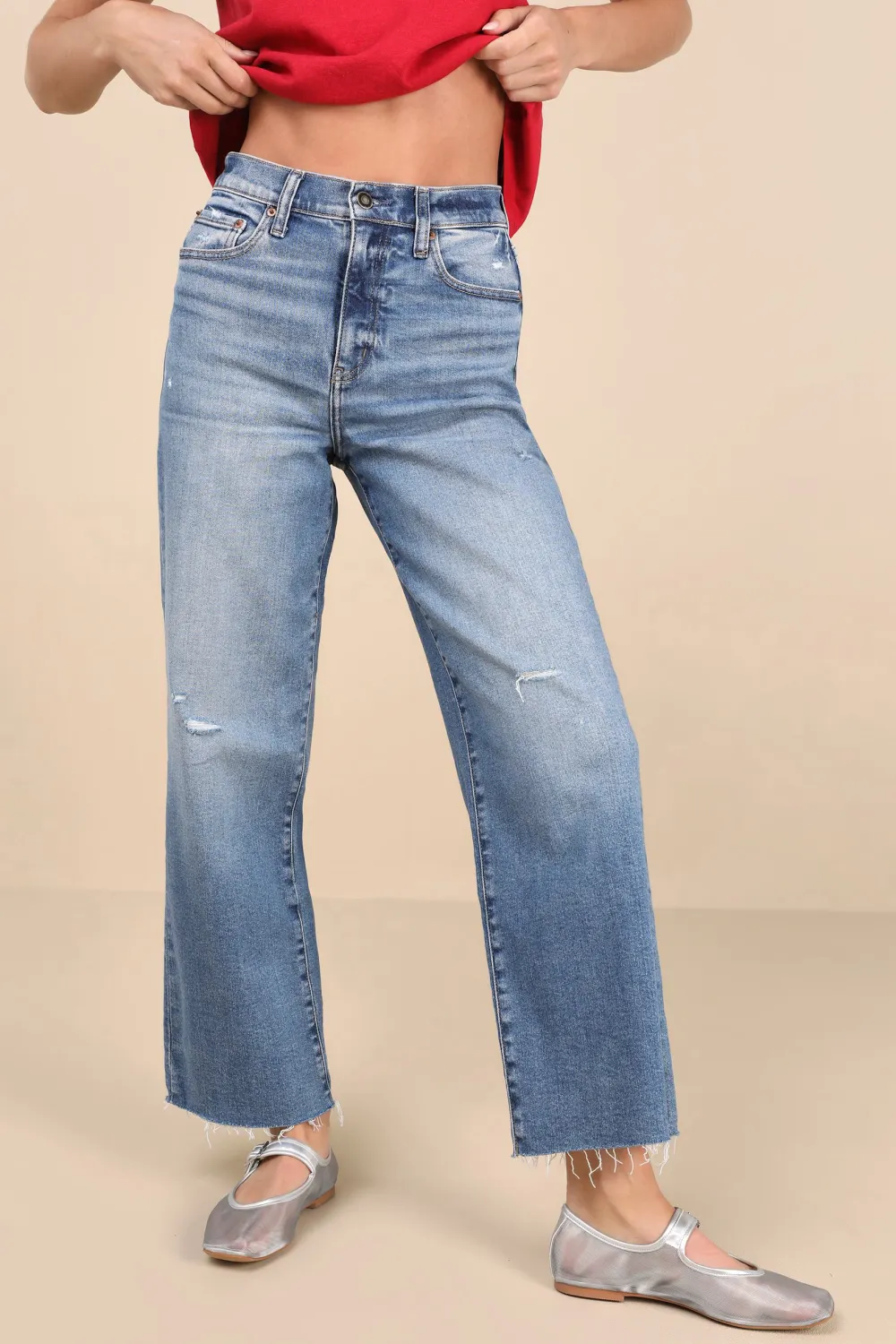 Daily Medium Wash Distressed Wide-Leg High-Rise Jeans