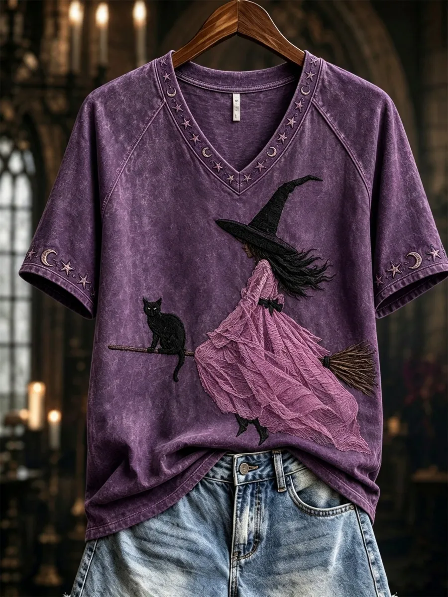 Women's Pink Witch-Themed Print Casual T-Shirt