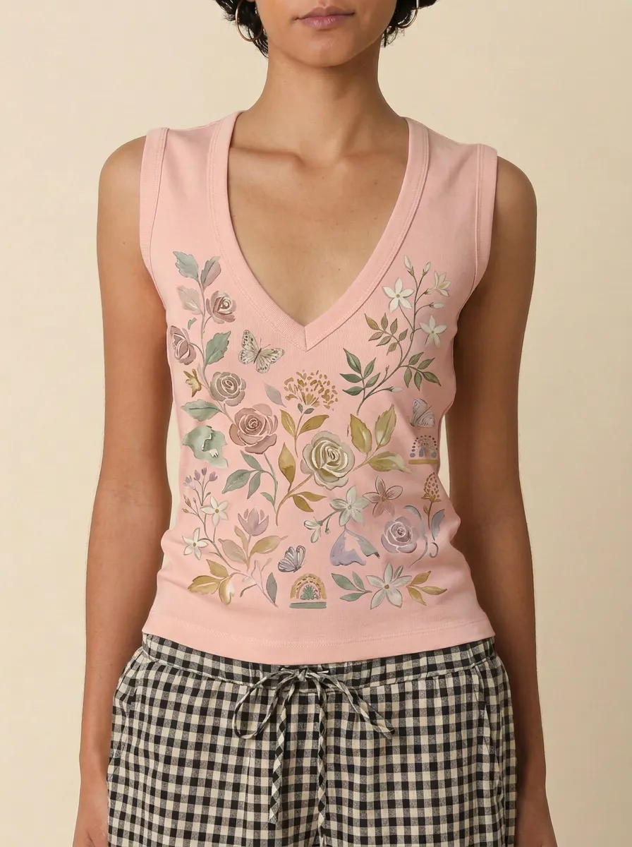 Women's Floral Nature Lover Butterfly Watercolor Printed Tank Top