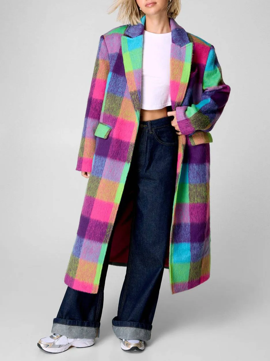 Rainbow Plaid Fuzzy Fleece Long Coat
