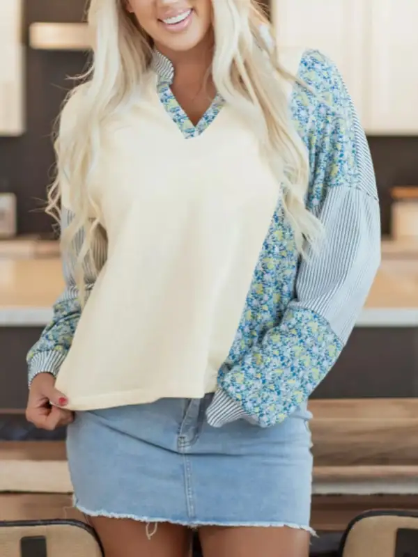 Collared Striped Floral Sweatshirt