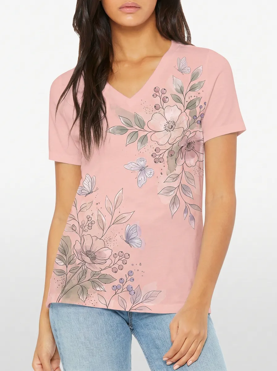 Women's Floral Butterfly Nature Lover Watercolor Printed V-neck T-shirt