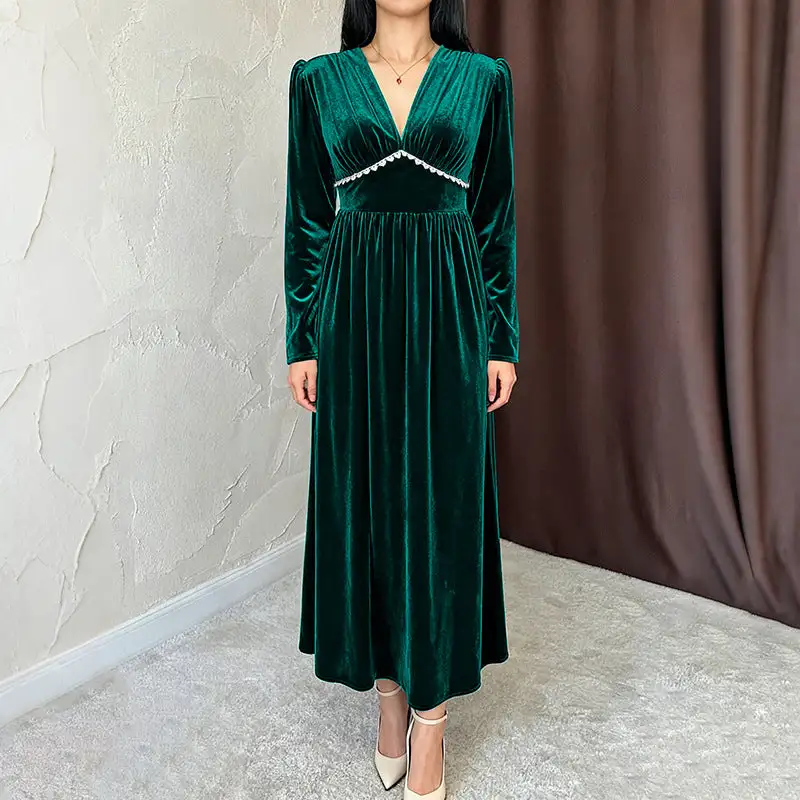 Women's V-Neck Long-Sleeve Velvet Ruffled Maxi Dress