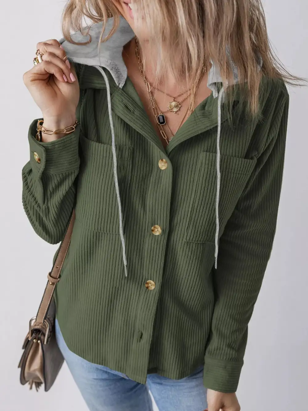 Hooded Corduroy Button-Down Jacket