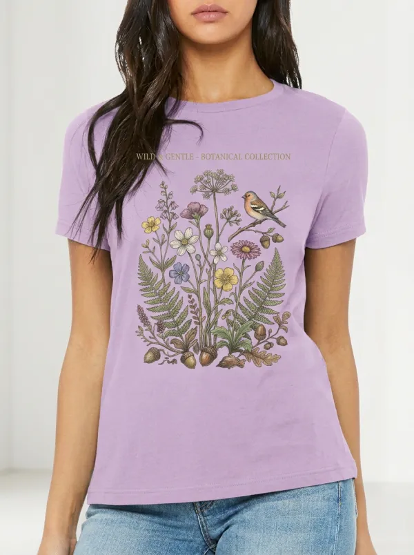 Women's Nature Lover Botanical Bird and Wildflower Printed T-shirt
