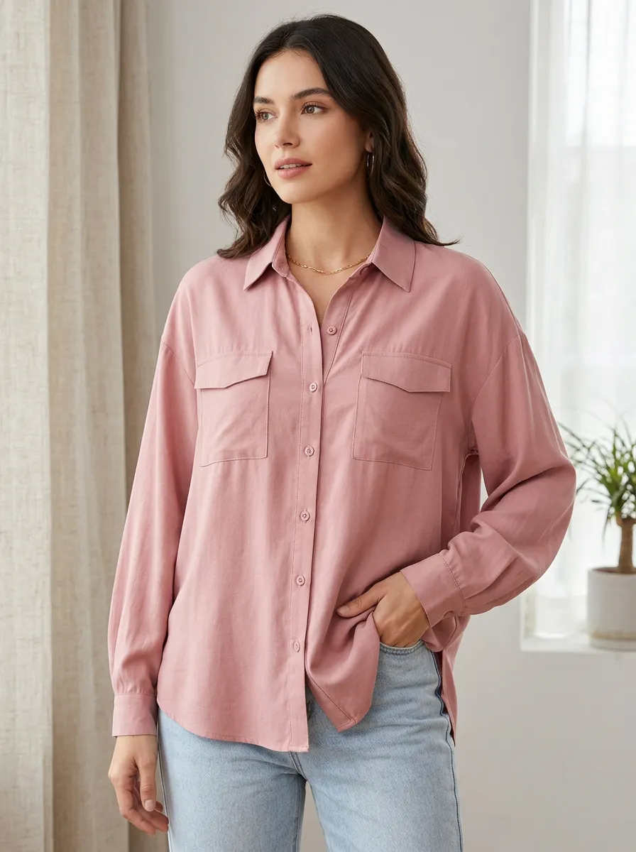 Women's Casual Pink Solid Color Button Down Pocket Shirt