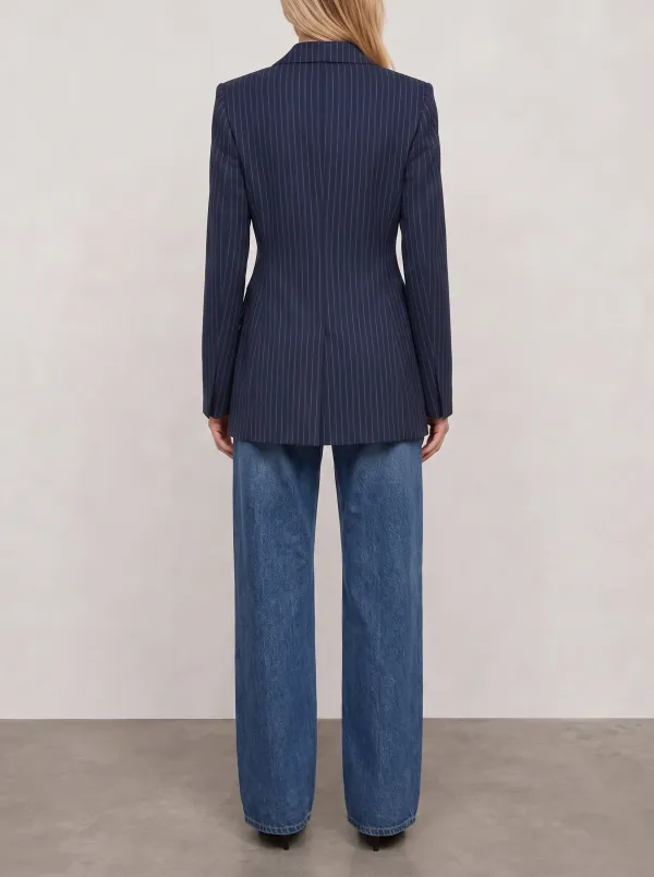 Women's Business Professional Navy Pinstriped Printed Blazer