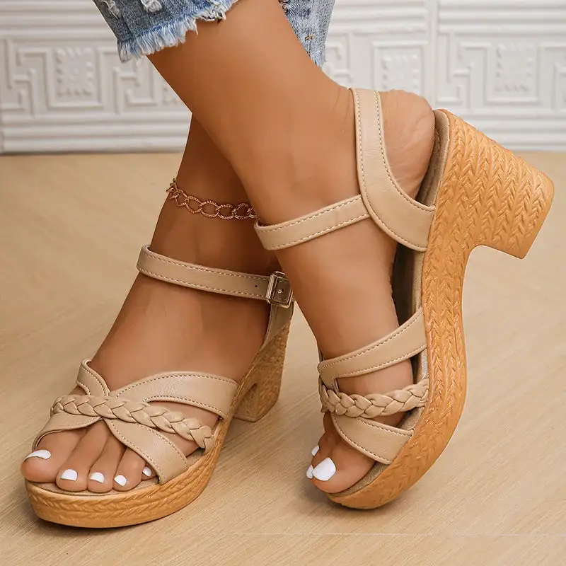 Braided Platform Ankle Strap Heeled Sandals