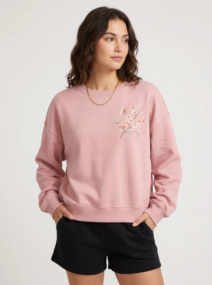 Women's Floral Butterfly Pink Cherry Blossom Printed Sweatshirt