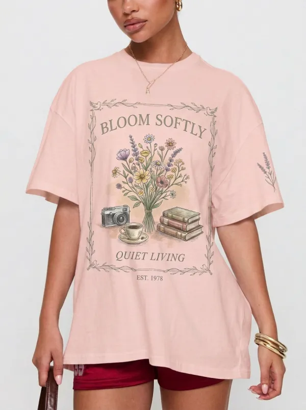 Women's Aesthetic Floral Camera Book Coffee Printed T-shirt