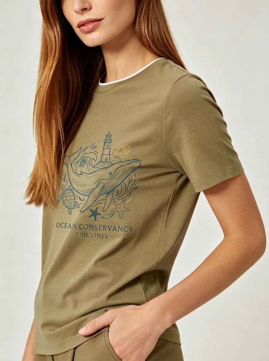 Women's Ocean Lover Whale Lighthouse Printed T-shirt