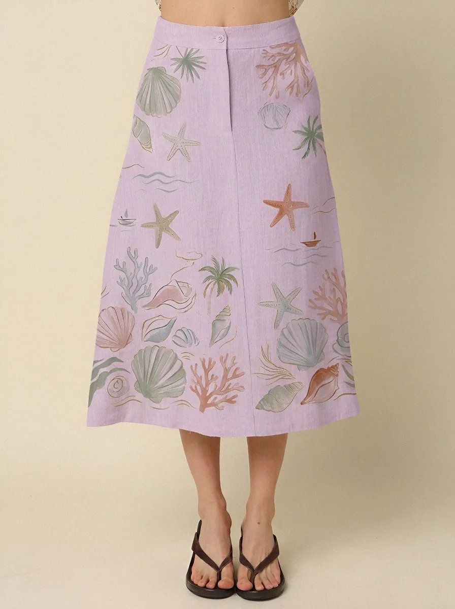 Women's Beach Lover Seashell Starfish Coral Printed Midi Skirt