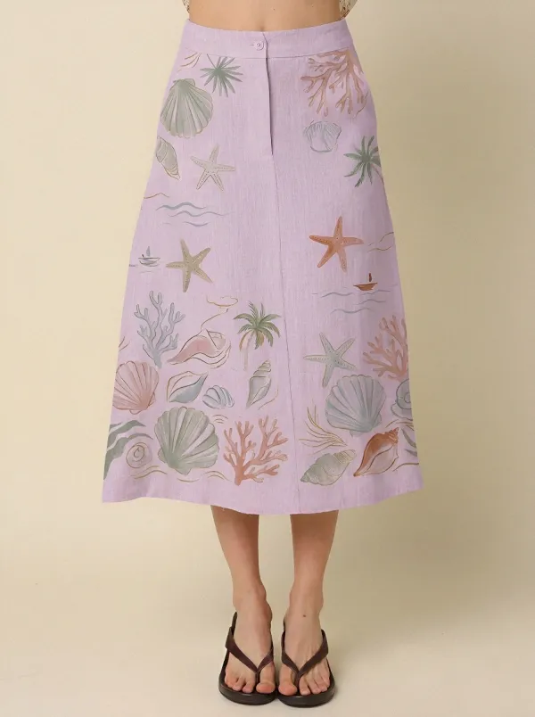 Women's Beach Lover Seashell Starfish Coral Printed Midi Skirt
