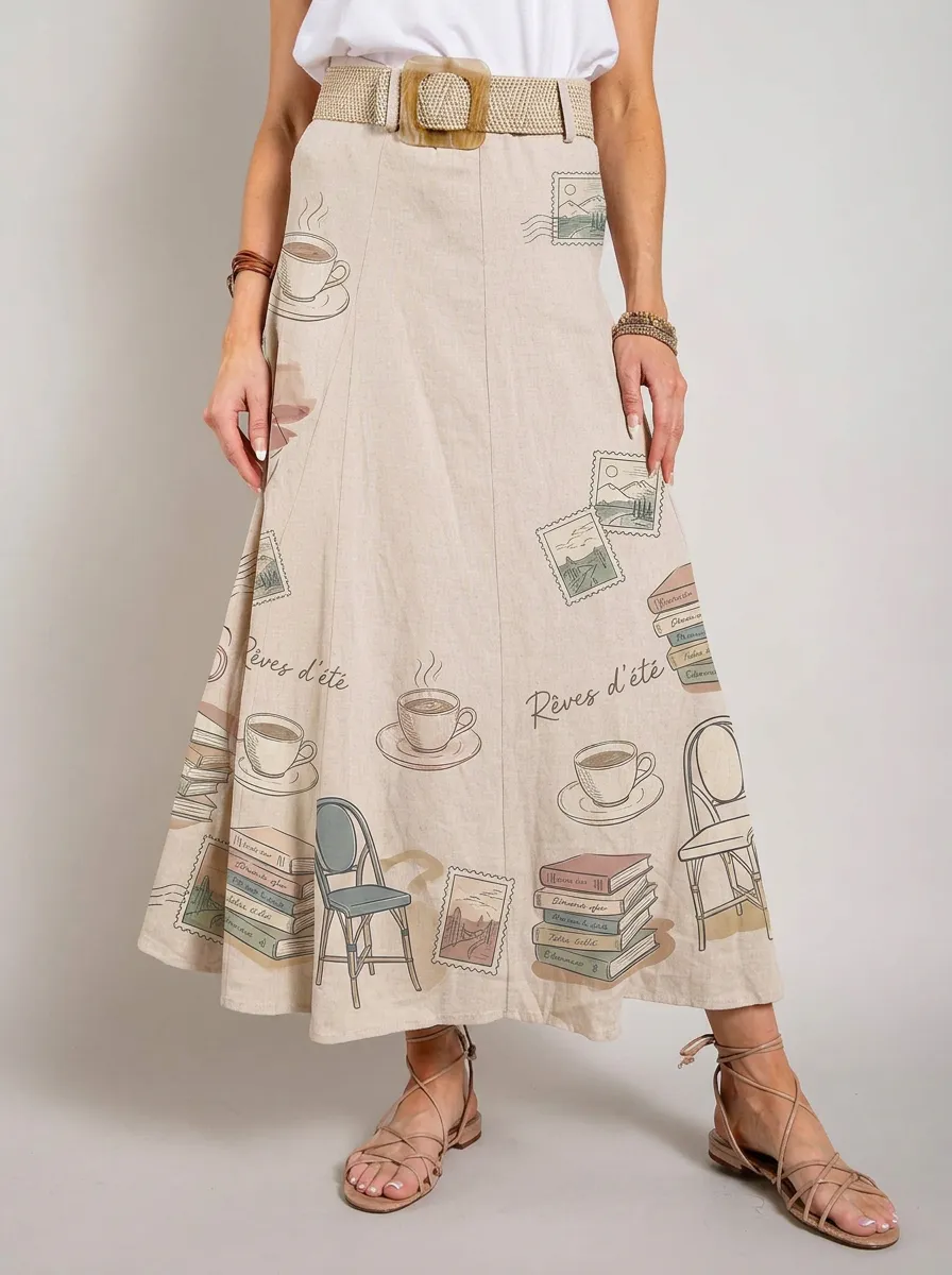 Women's Coffee Book Lover Stamp Printed Midi Skirt