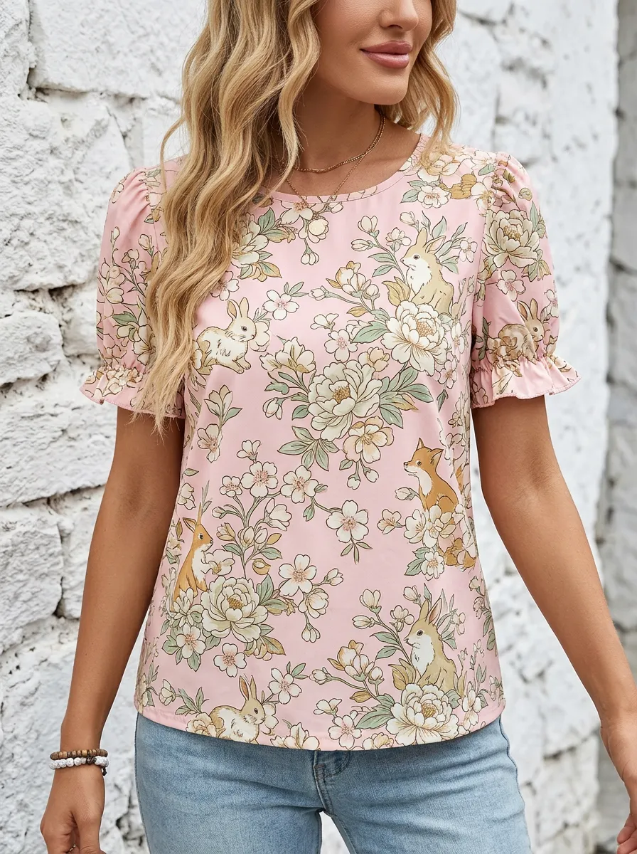 Fox Rabbit Floral Women's Loose Printed T-Shirt