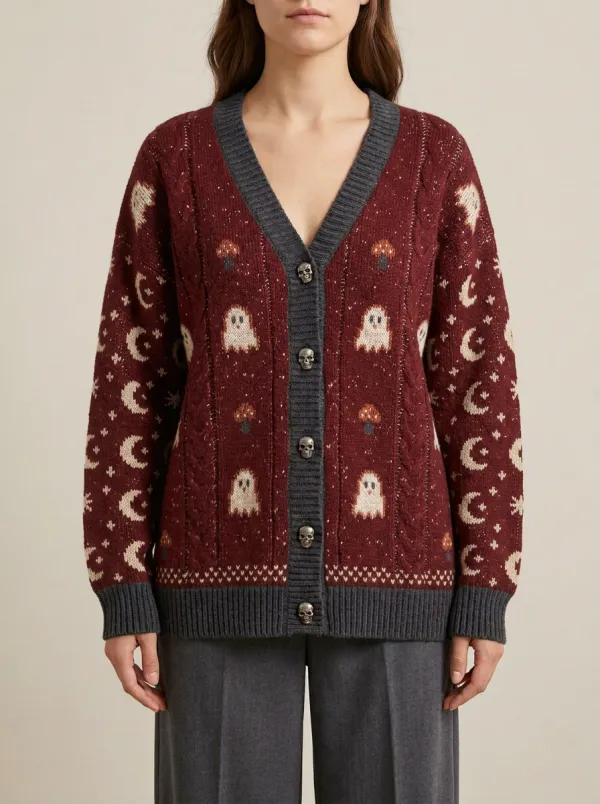 Women's Ghost Mushroom Moon Halloween Knit Cardigan