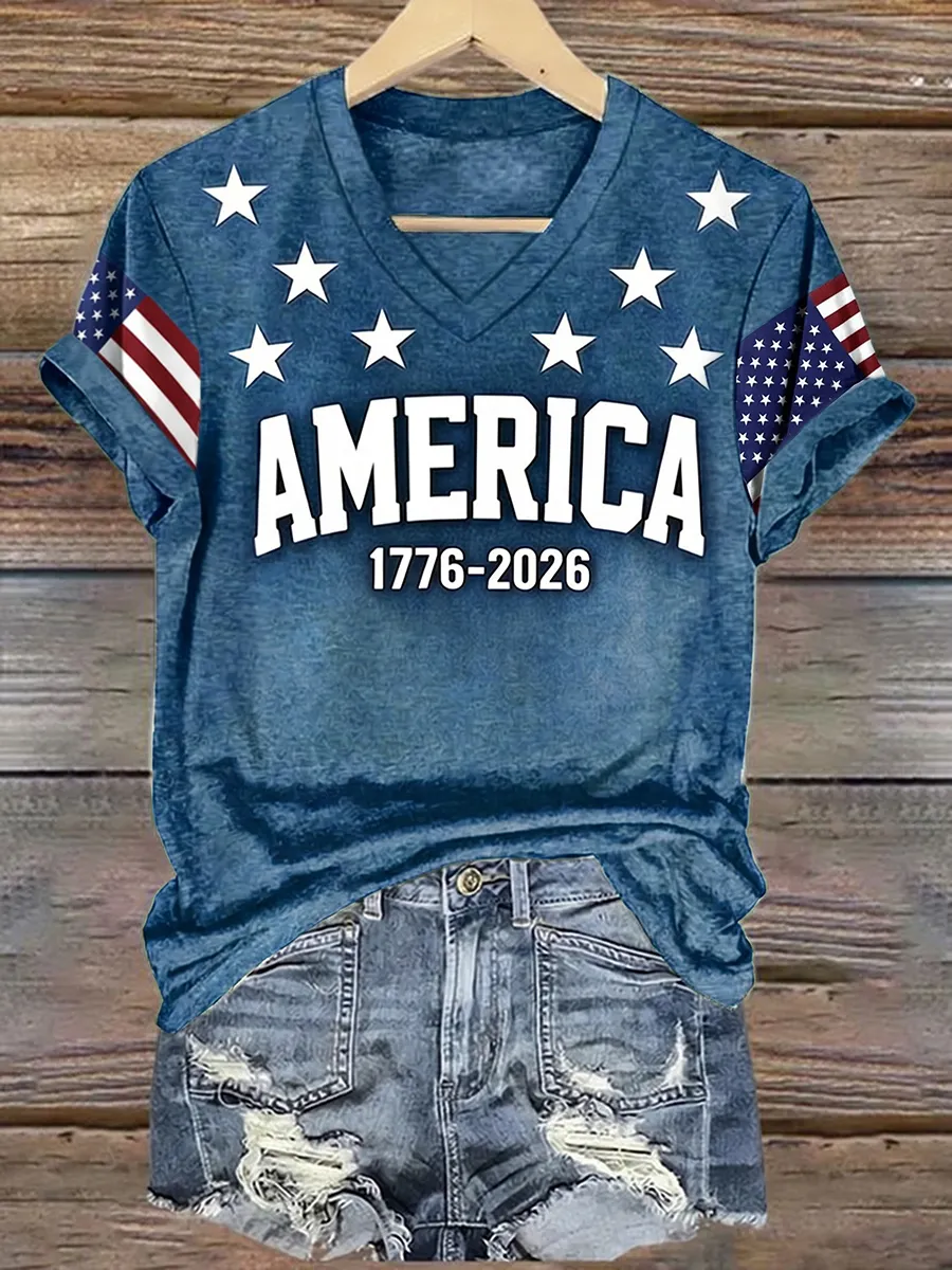 Women's 1776 Independence Day Flag Print Casual T-shirt