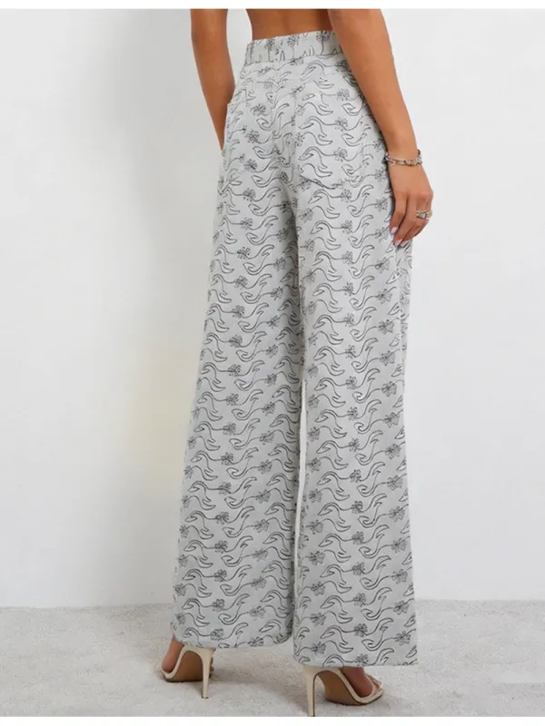 Abstract Jacquard Button Waist Wide Leg Denim Pants