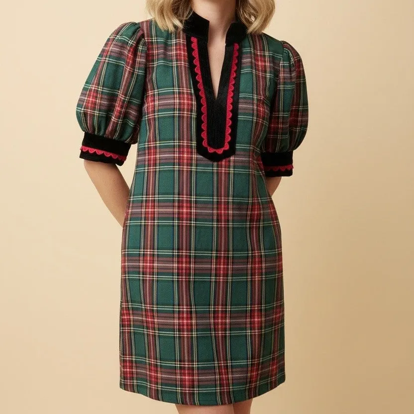 Plaid Velvet Detail Puff Sleeve Shift Dress