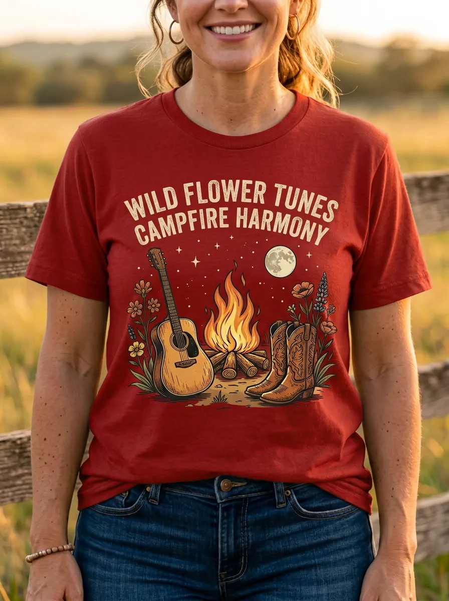 Guitar Cowboy Cowboy-Boot Campfire Country Music Crewneck T-Shirt