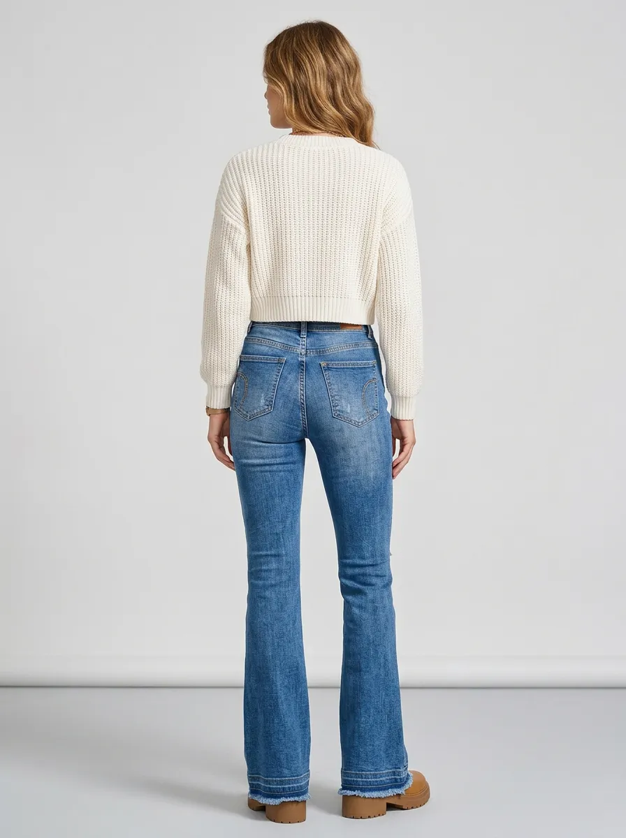 Women's Casual Fashion Distressed Raw Hem Flared Jeans