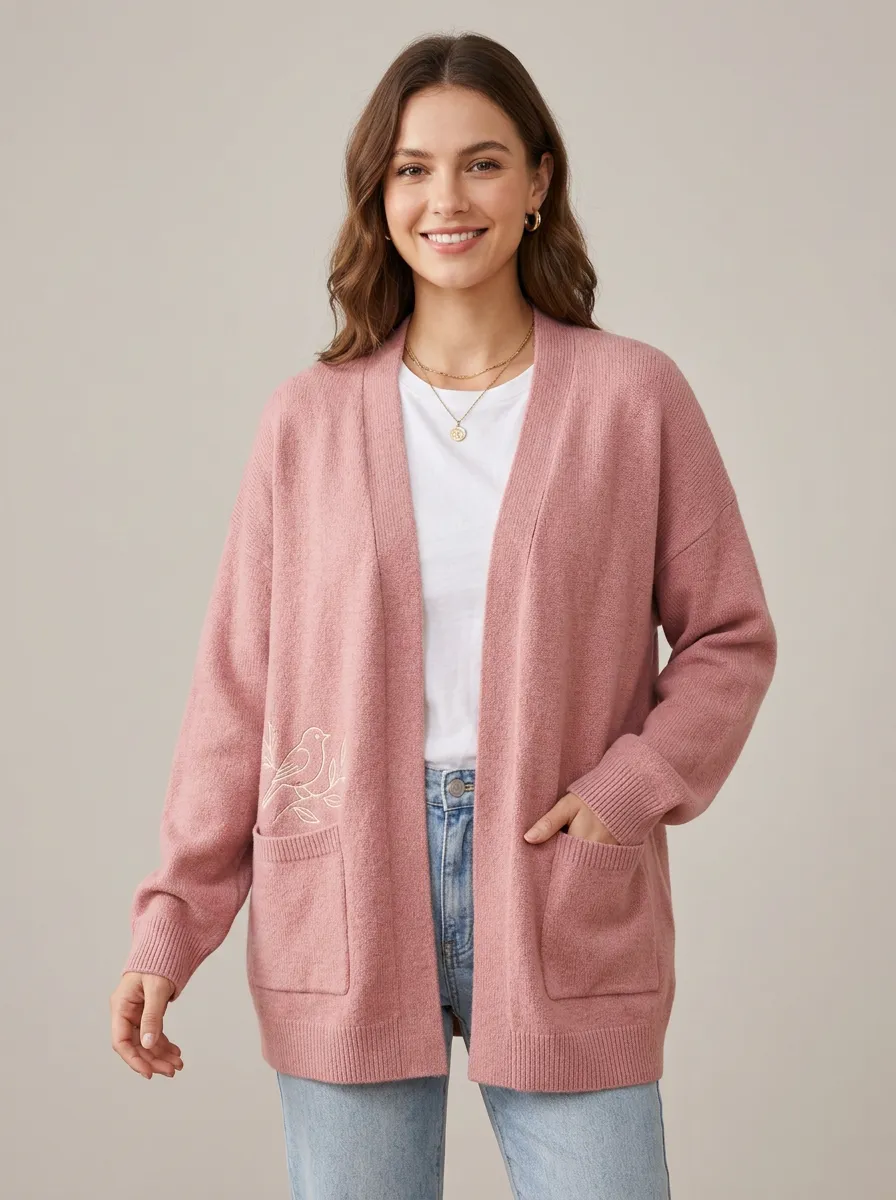 Women's Nature Lover Bird Embroidery Pink Knitted Cardigan