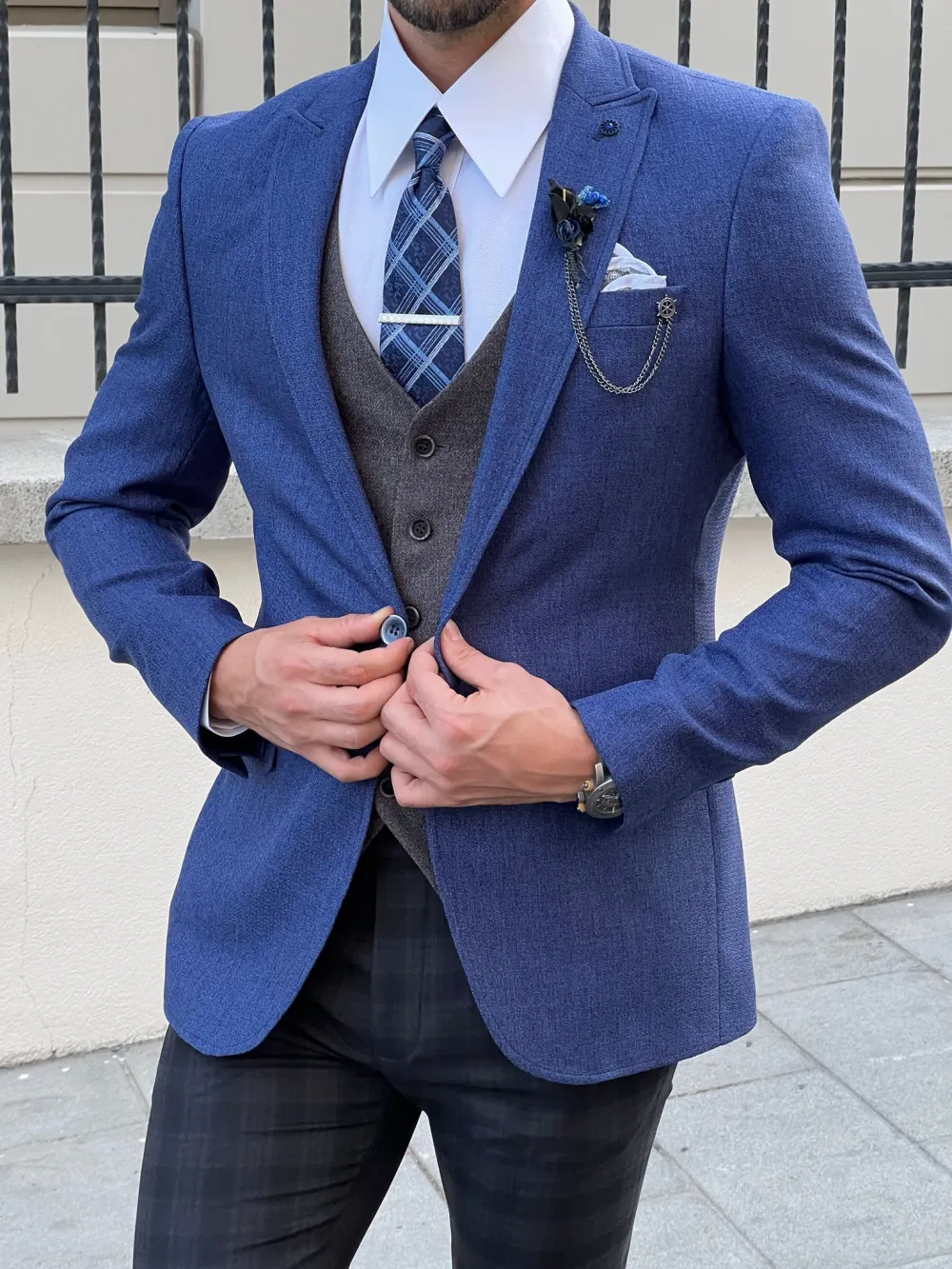 Slim Fit High Quality Mono Collar Knitted Sax Blazer