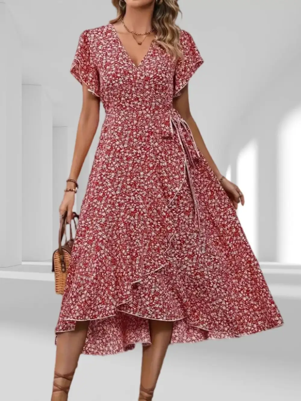 Ruffle Hem Wrap Midi Dress