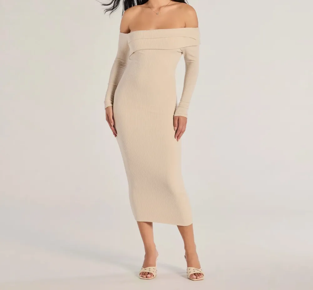 Off-The-Shoulder Asymmetrical Long-Sleeve Midi Dress