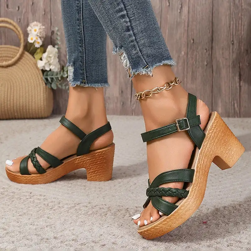 Braided Platform Ankle Strap Heeled Sandals