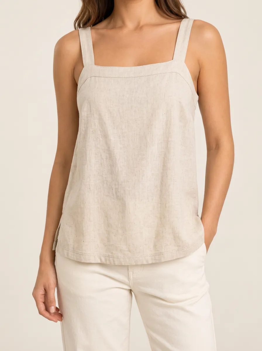 Women's Square Neck Side Slit Straight Hem Linen Camisole Top