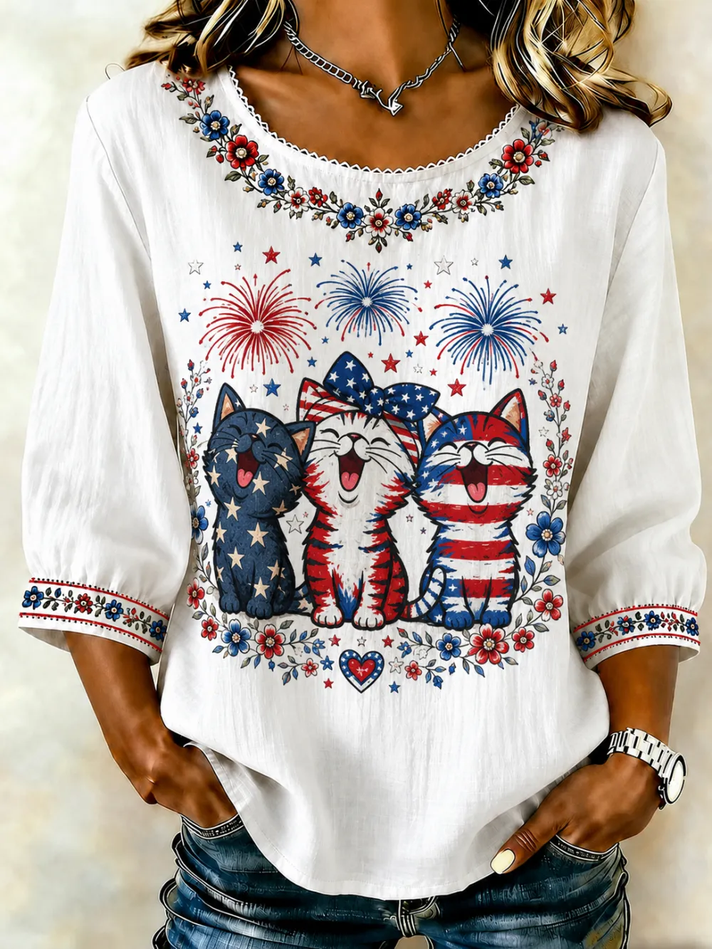 Women'S Independence Day And Cat Printed Round Neck Top