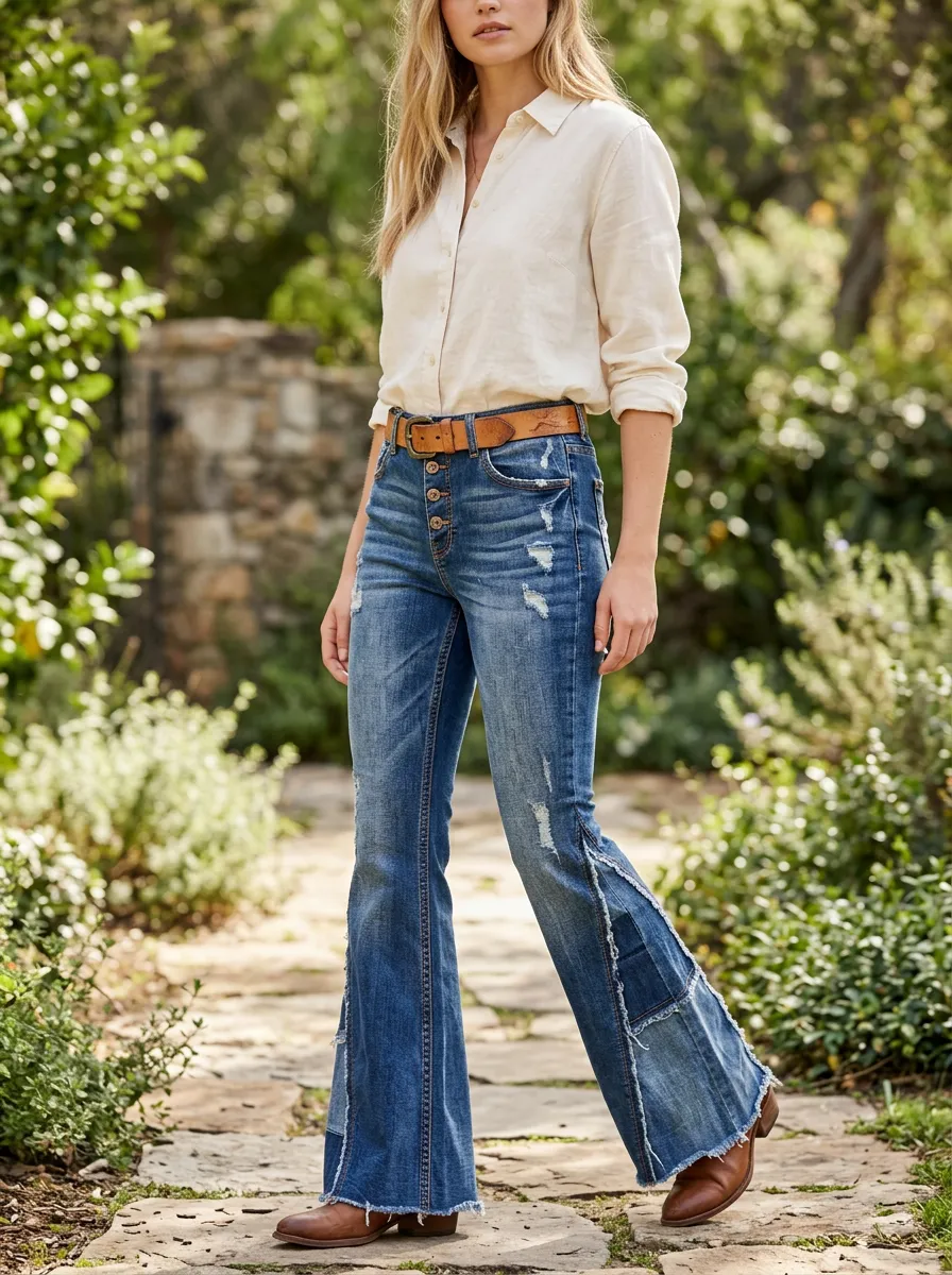 Women's Western Style Distressed Patchwork Flare Jeans