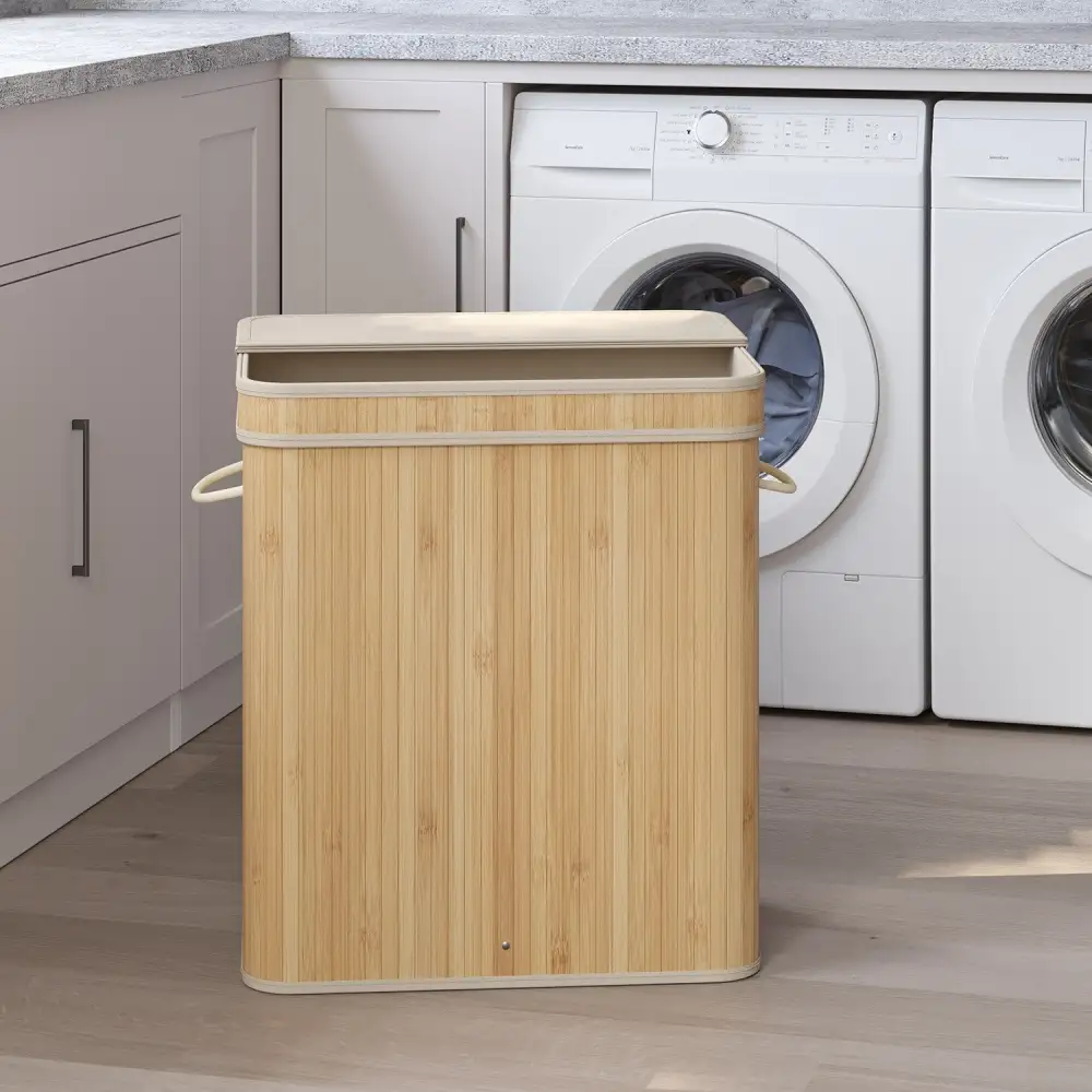 Removable Liner Lidded Bamboo Laundry Storage Hamper