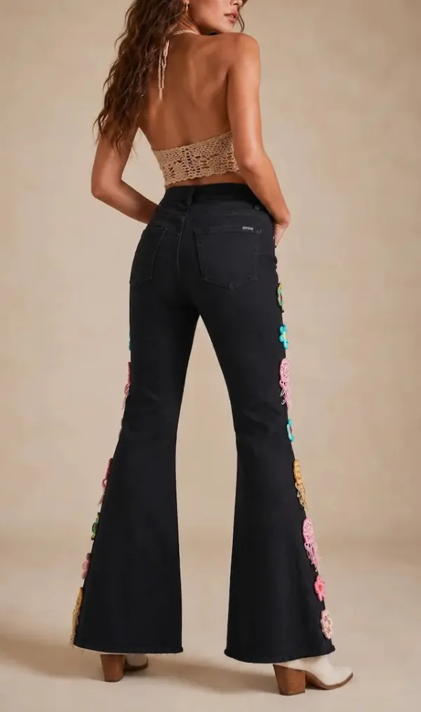 Bell Bottom Fringe Detail Western Style Denim Jeans