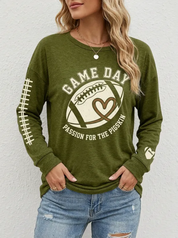 Women's Classic Gridiron Heart Ball Game Day Crewneck Long Sleeve T-Shirt