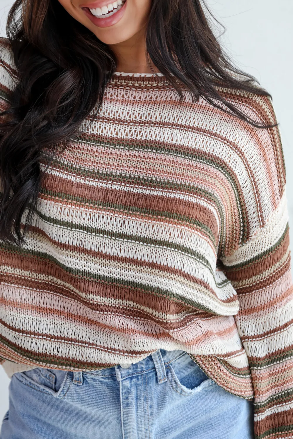 Cream Striped Lightweight Knit Sweater