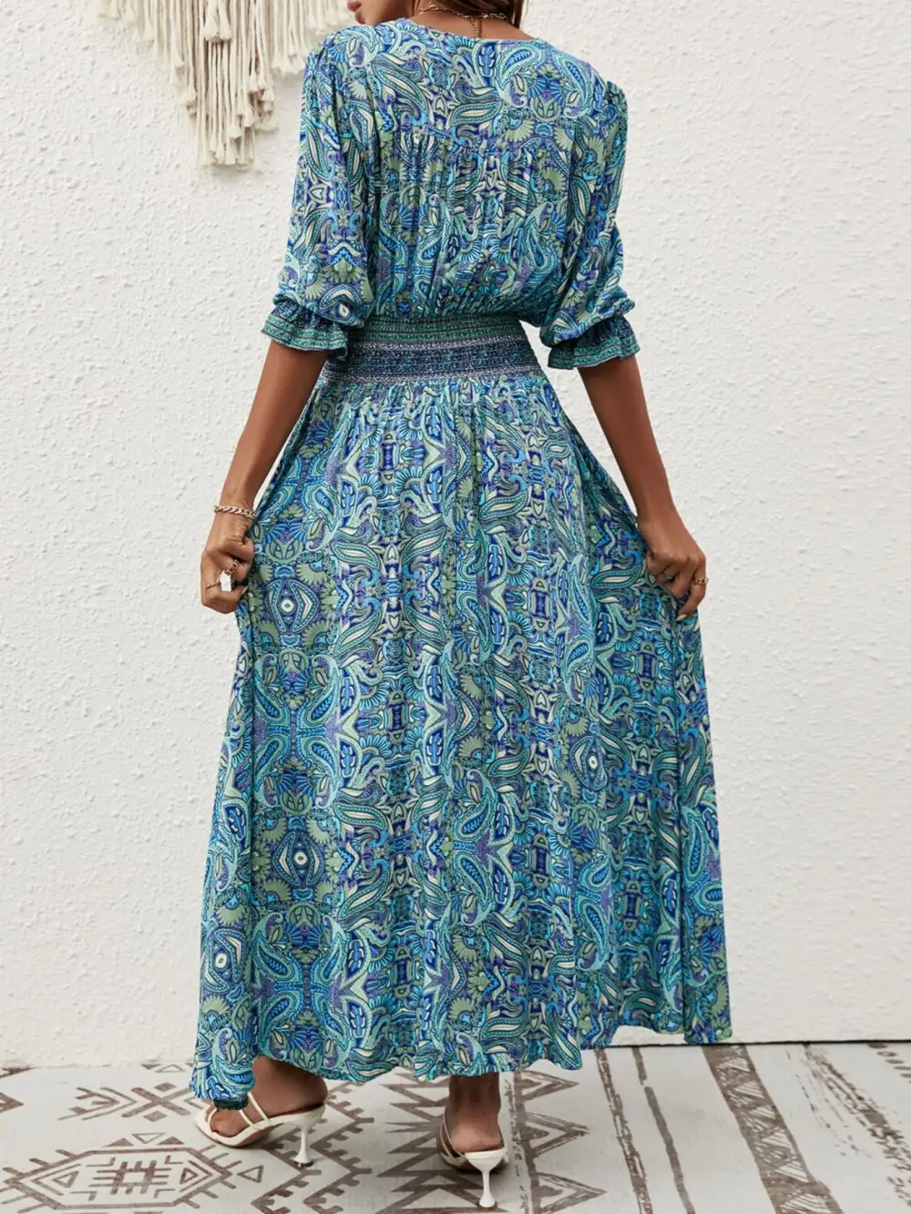 Smocked Half-Sleeve Midi Dress