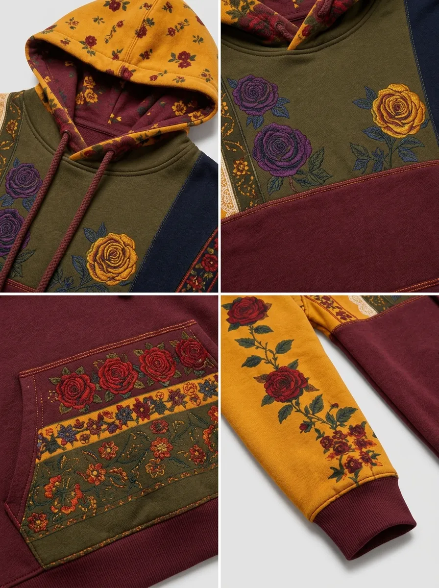 Women's Western Boho Rose Floral Patchwork Printed Hoodie