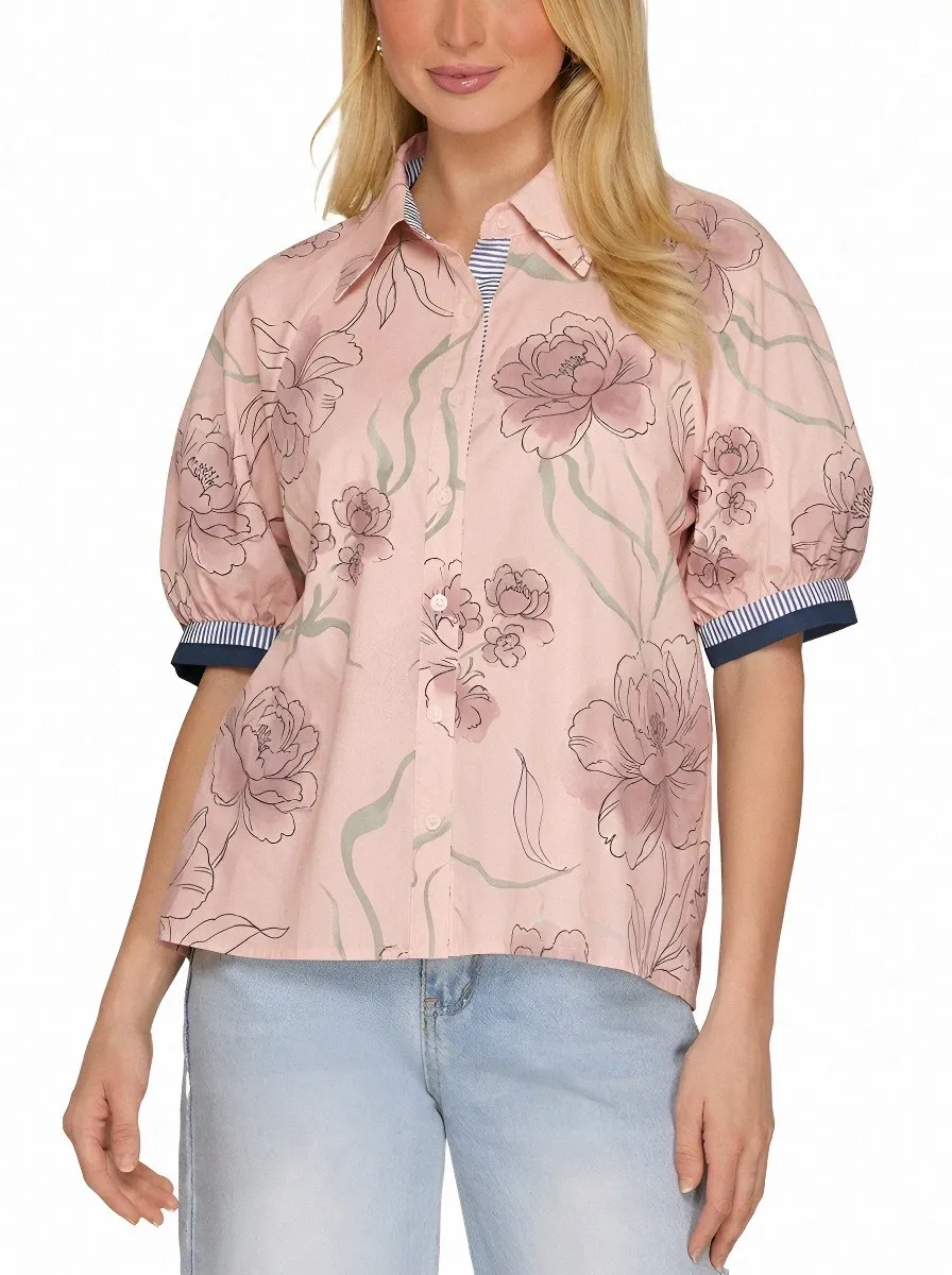 Women's Floral Lover Pink Peony Printed Puff Sleeve Shirt