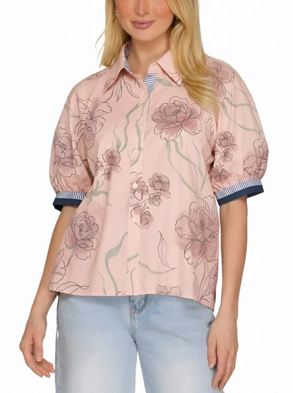 Women's Floral Lover Pink Peony Printed Puff Sleeve Shirt
