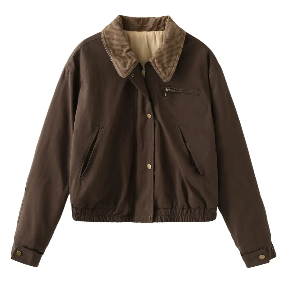 Cropped Corduroy Zip Front Bomber Jacket