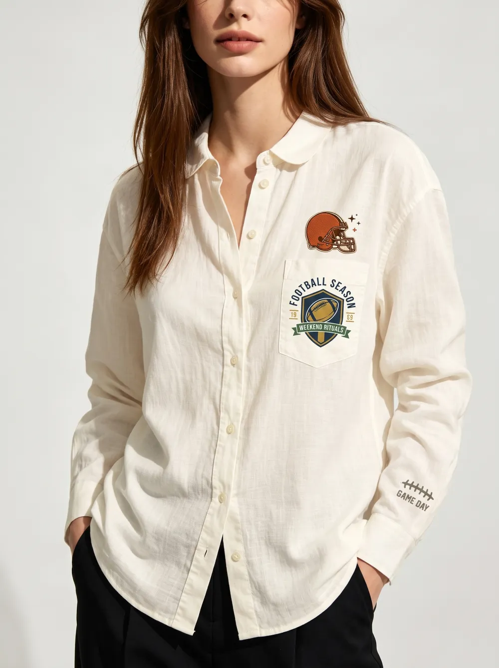 Women's Football Season Helmet Shield Printed Button-up Shirt