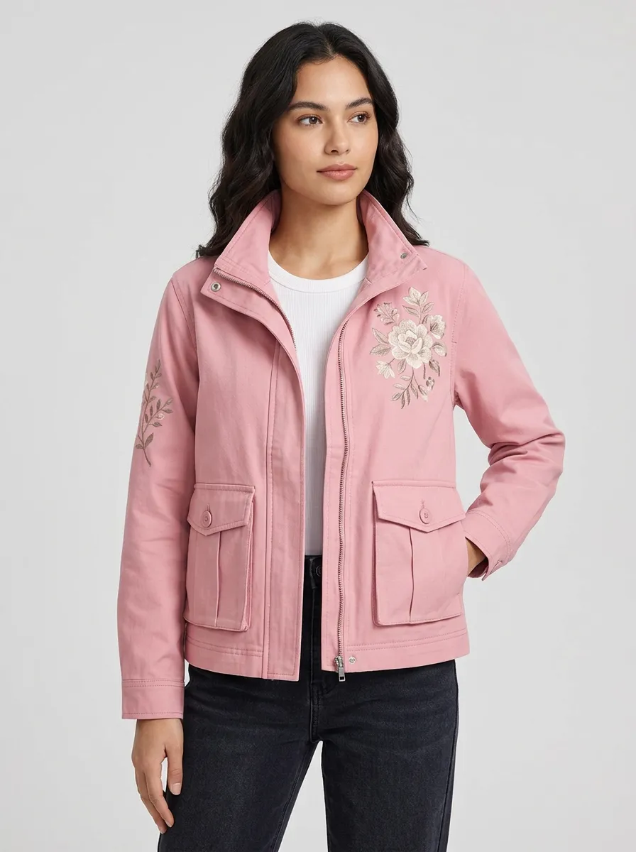 Women's Floral Lover Pink Embroidered Cotton Utility Jacket