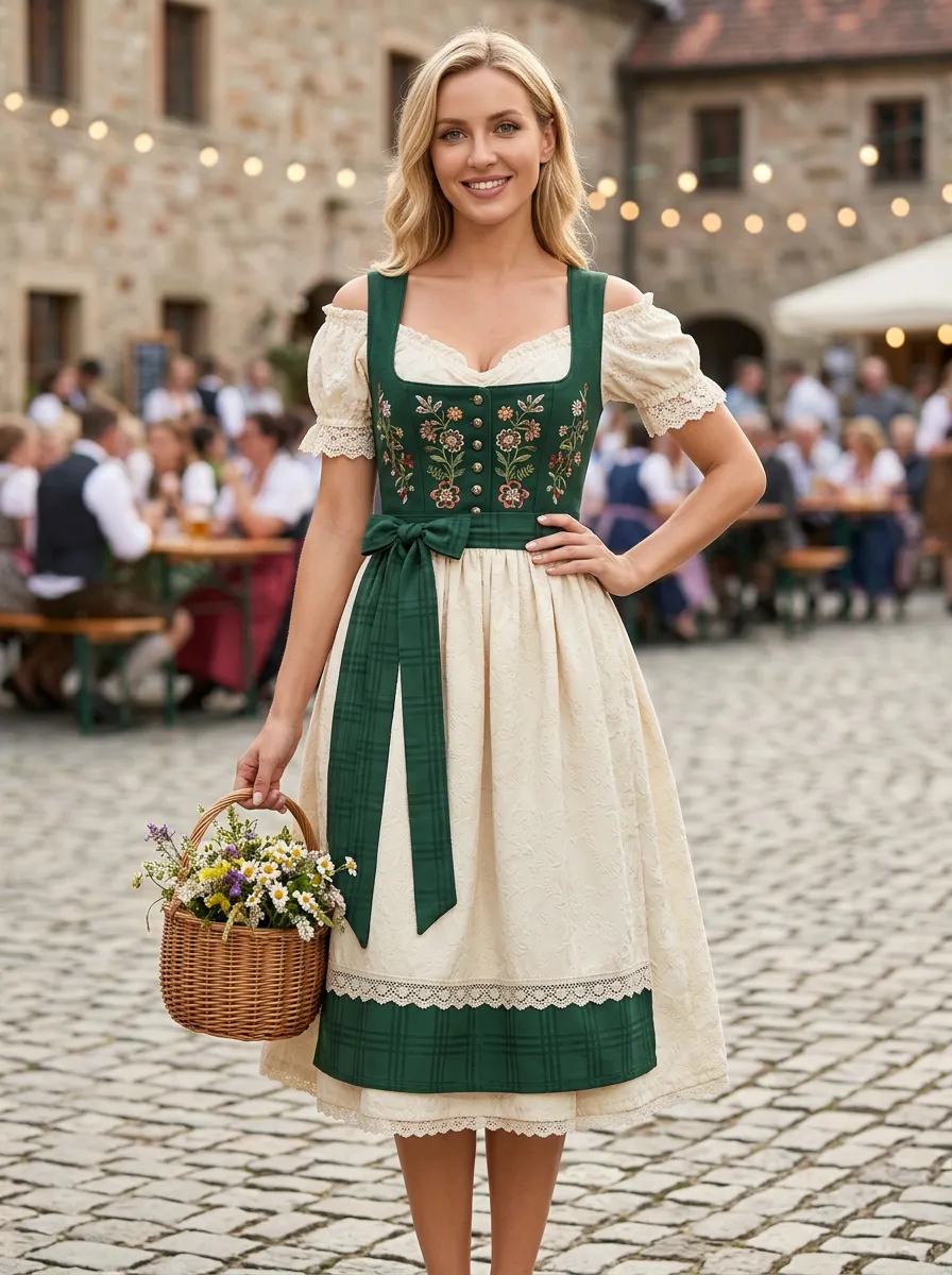 Floral Embroidered Plaid Traditional Women's Bavarian Oktoberfest Dirndl Dress