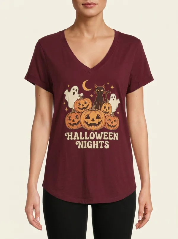 Women's Halloween Nights Pumpkin Ghost Cat Printed V-neck T-shirt