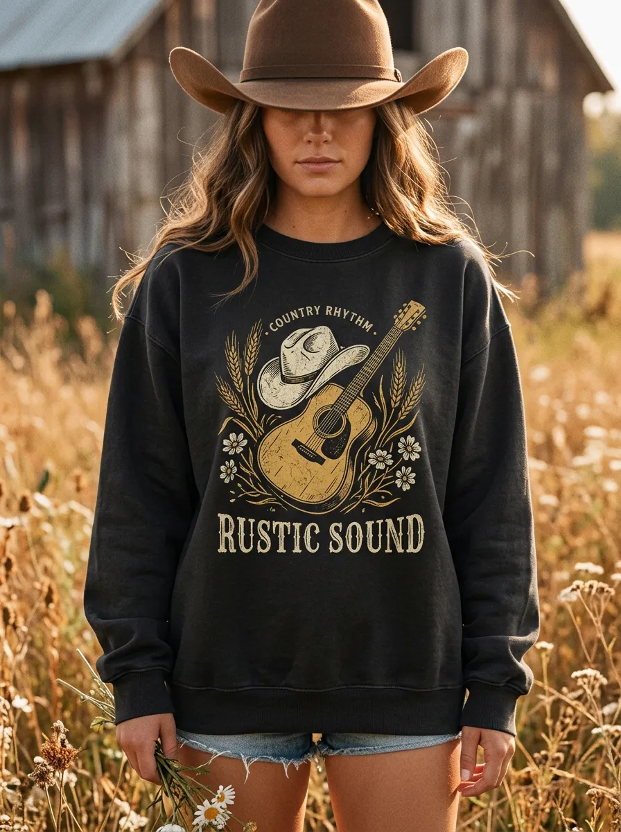 Country Music Guitar Cowboy Hat Crew Neck Sweatshirt