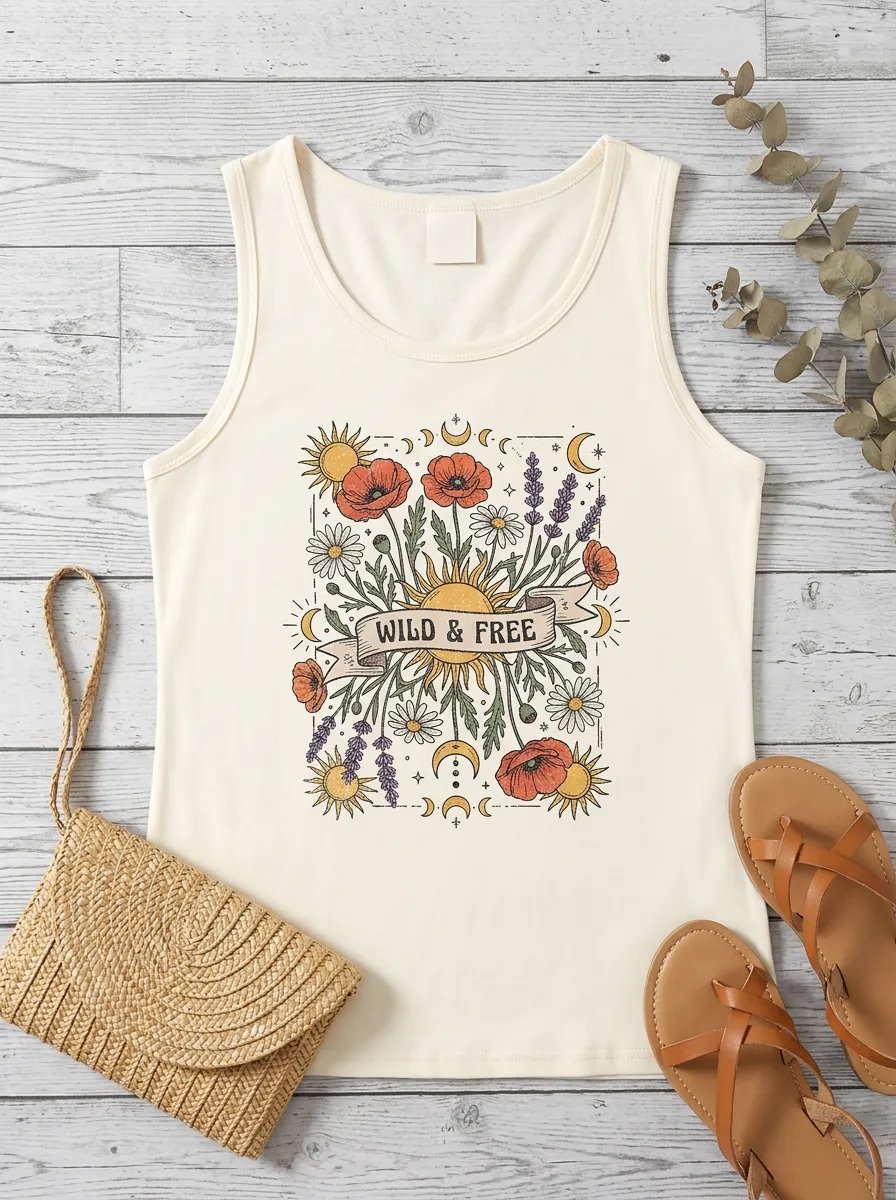 Wild And Free Boho Floral Sun Moon Tank Top